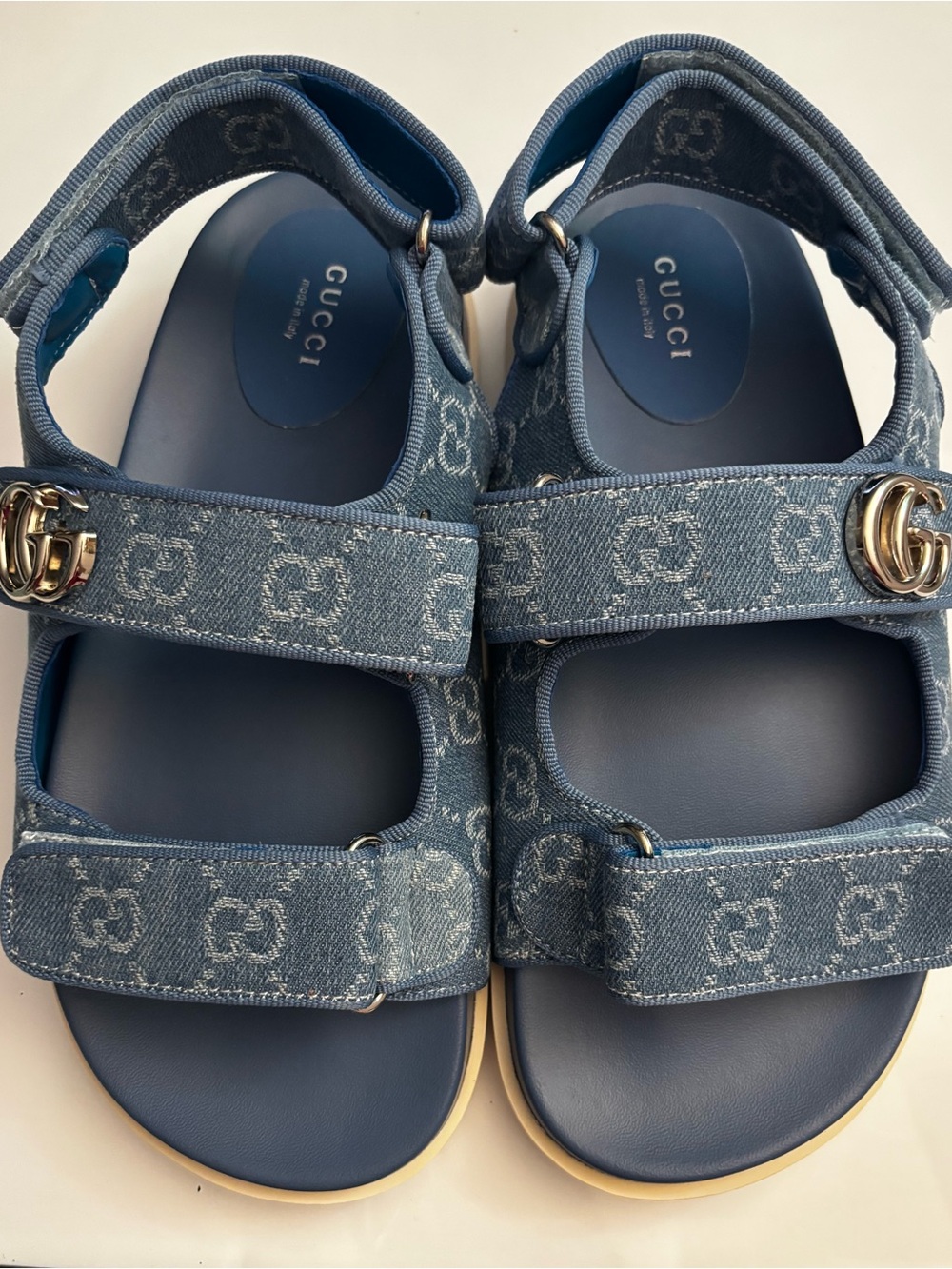 Brand New !! Denim GG Logo Double-Strap Sandals - Blue - Picture 3 of 7